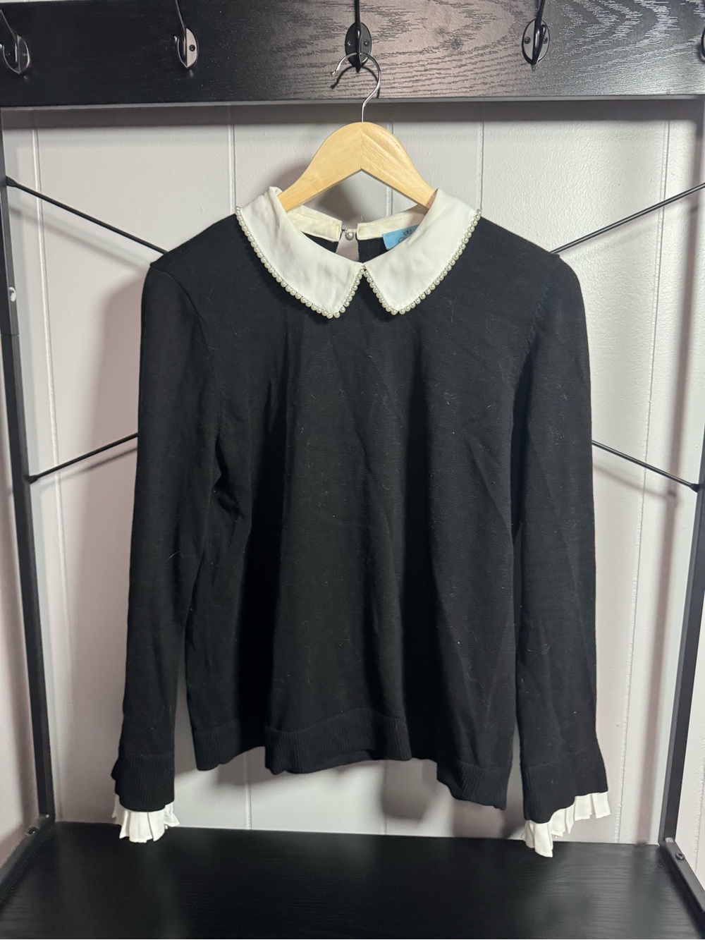 CeCe Black Long-Sleeve Sweater with White Peter Pan Collar and Pearl Trim